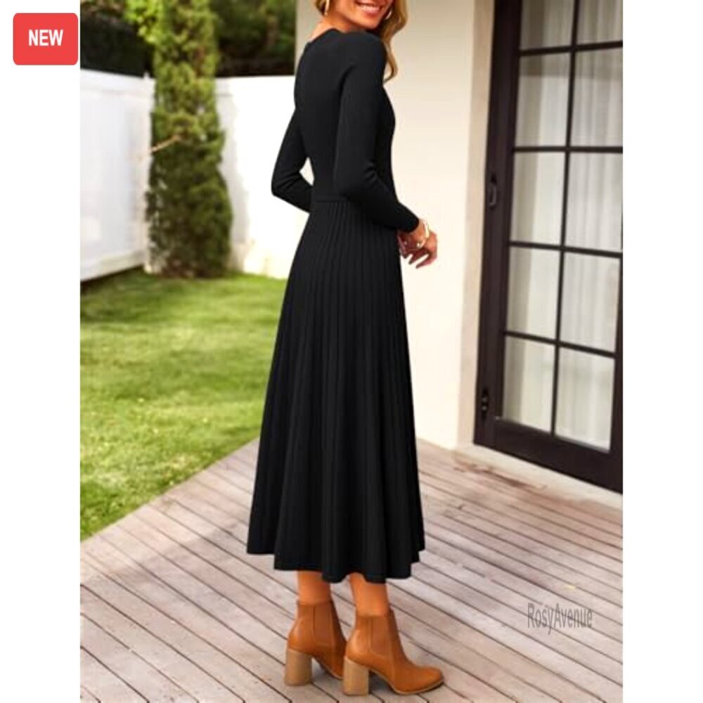 Long Sleeve Midi Sweater Dress with Belt, Knit A-Line Pleated Flowy - Picture 6 of 8